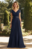 V-Neck A Line Navy Long Ruched Mother of the Bride Dress with Beading