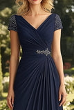 V-Neck A Line Navy Long Ruched Mother of the Bride Dress with Beading