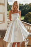 White Strapless A Line Midi Graduation Dress with Sash