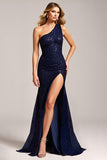 Sparkly Navy Sheath One Shoulder Sequined Long Prom Dress