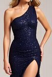 Sparkly Navy Sheath One Shoulder Sequined Long Prom Dress