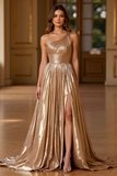 Metallic Gold A Line One Shoulder Pleated Long Prom Dress with Slit
