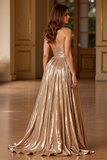 Metallic Gold A Line One Shoulder Pleated Long Prom Dress with Slit