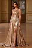 Metallic Gold A Line One Shoulder Pleated Long Prom Dress with Slit