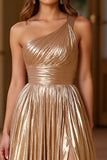 Metallic Gold A Line One Shoulder Pleated Long Prom Dress with Slit