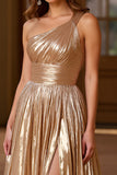 Metallic Gold A Line One Shoulder Pleated Long Prom Dress with Slit