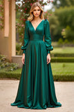 Dark Green V-Neck A Line Long Sleeves Prom Dress