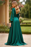 Dark Green V-Neck A Line Long Sleeves Prom Dress