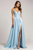 A Line Spaghetti Straps Sky Blue V-Neck Long Prom Dress with Slit