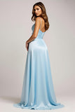 A Line Spaghetti Straps Sky Blue V-Neck Long Prom Dress with Slit