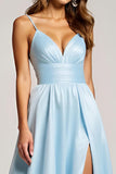 A Line Spaghetti Straps Sky Blue V-Neck Long Prom Dress with Slit
