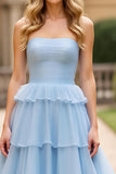 Sky Blue Strapless A Line Tiered Long Prom Dress