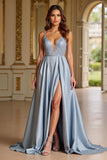 A Line Dusty Blue V-Neck Beaded Long Prom Dress with Slit
