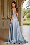 A Line Dusty Blue V-Neck Beaded Long Prom Dress with Slit