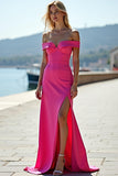 Off the Shoulder Fuchsia Sheath Corset Long Prom Dress with Slit