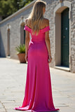 Off the Shoulder Fuchsia Sheath Corset Long Prom Dress with Slit