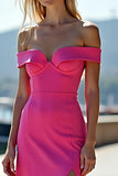Off the Shoulder Fuchsia Sheath Corset Long Prom Dress with Slit