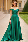 Dark Green Off the Shoulder Corset A Line Long Prom Dress