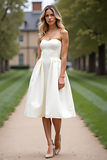 White Strapless A Line Knee-Length Backless Graduation Dress