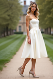 White Strapless A Line Knee-Length Backless Graduation Dress