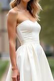 White Strapless A Line Knee-Length Backless Graduation Dress