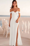 White Sheath Off the Shoulder Long Graduation Dress with Slit