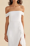 White Off the Shoulder Sheath Ruffled Graduation Dress with Slit