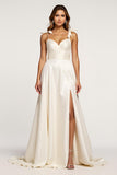 Ivory A Line Spaghetti Straps Bows Long Graduation Dress with Slit