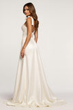 Ivory A Line Spaghetti Straps Bows Long Graduation Dress with Slit