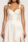 Ivory A Line Spaghetti Straps Bows Long Graduation Dress with Slit