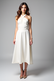 White Halter A Line Tea Length Graduation Dress