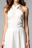 White Halter A Line Tea Length Graduation Dress