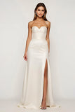 Ivory Strapless Satin Sheath Long Graduation Dress with Slit