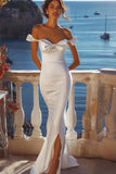 Satin White Off the Shoulder Sheath Long Graduation Dress with Slit