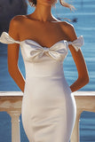 Satin White Off the Shoulder Sheath Long Graduation Dress with Slit