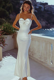 Sheath White Spaghetti Straps Satin Long Graduation Dress with Bow