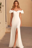 White Puff Sleeves Satin Sheath Long Graduation Dress with Slit