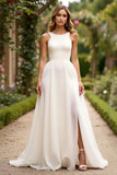 Ivory A Line Scoop Neck Sleeveless Long Graduation Dress with Slit