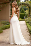 Ivory A Line Scoop Neck Sleeveless Long Graduation Dress with Slit