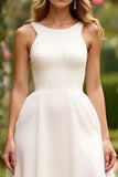 Ivory A Line Scoop Neck Sleeveless Long Graduation Dress with Slit
