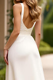 Ivory A Line Scoop Neck Sleeveless Long Graduation Dress with Slit
