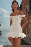White Off the Shoulder Satin Bodycon Ruffled Short Graduation Dress
