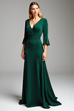 Dark Green V-Neck Flutter Sleeves Long Mother of the Bride Dress