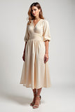 Chiffon Champagne A Line Ruched Tea Length Mother of the Bride Dress