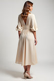 Chiffon Champagne A Line Ruched Tea Length Mother of the Bride Dress