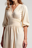 Chiffon Champagne A Line Ruched Tea Length Mother of the Bride Dress