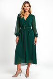A Line Dark Green Chiffon V Neck Long Sleeves Mother of the Bride Dress