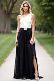 White Black One Shoulder A Line Long Mother of the Bride Dress with Slit
