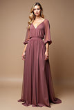 A Line Vintage Mauve V Neck Chiffon Long Mother of the Bride Dress