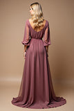 A Line Vintage Mauve V Neck Chiffon Long Mother of the Bride Dress